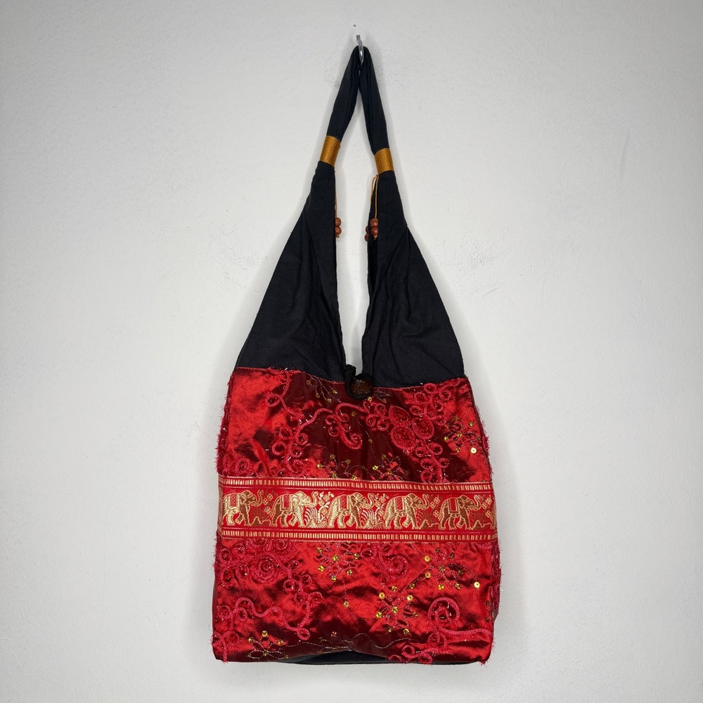 Lanna Doi Womens OS Shoulder Bag Red Black Elephant Embroidered Sequin Boho Hobo
